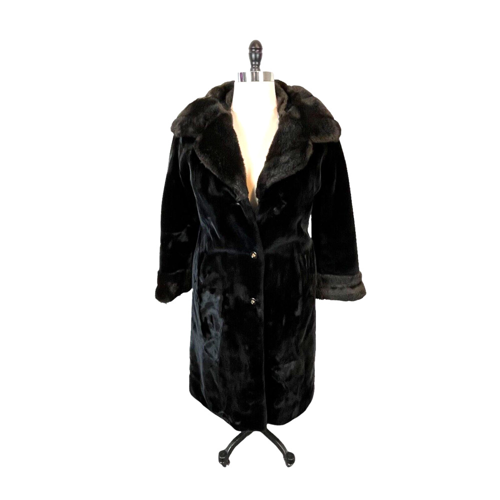 Faux Fur Coat Russell Taylor Borgazia black brown collar vintage women's SZ L